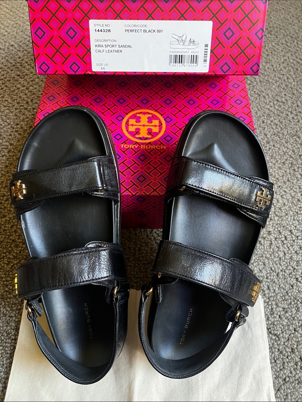 Tory Burch Black Leather Double-Strap Logo Sport Sandals